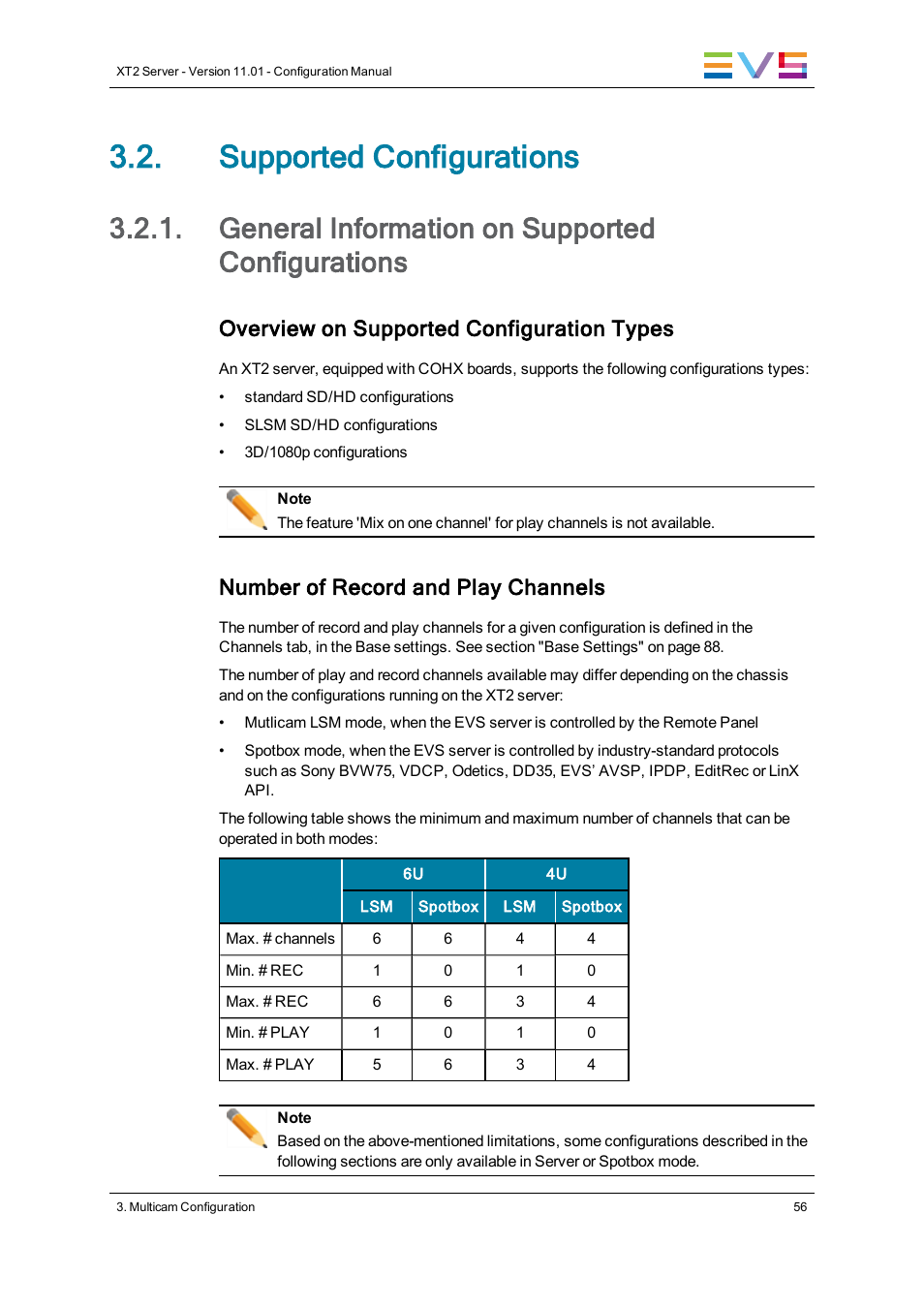 Supported configurations, General information on supported configurations, Overview on supported configuration types | Number of record and play channels | EVS XT2 Version 11.01 - November 2012 Configuration Manual User Manual | Page 66 / 226