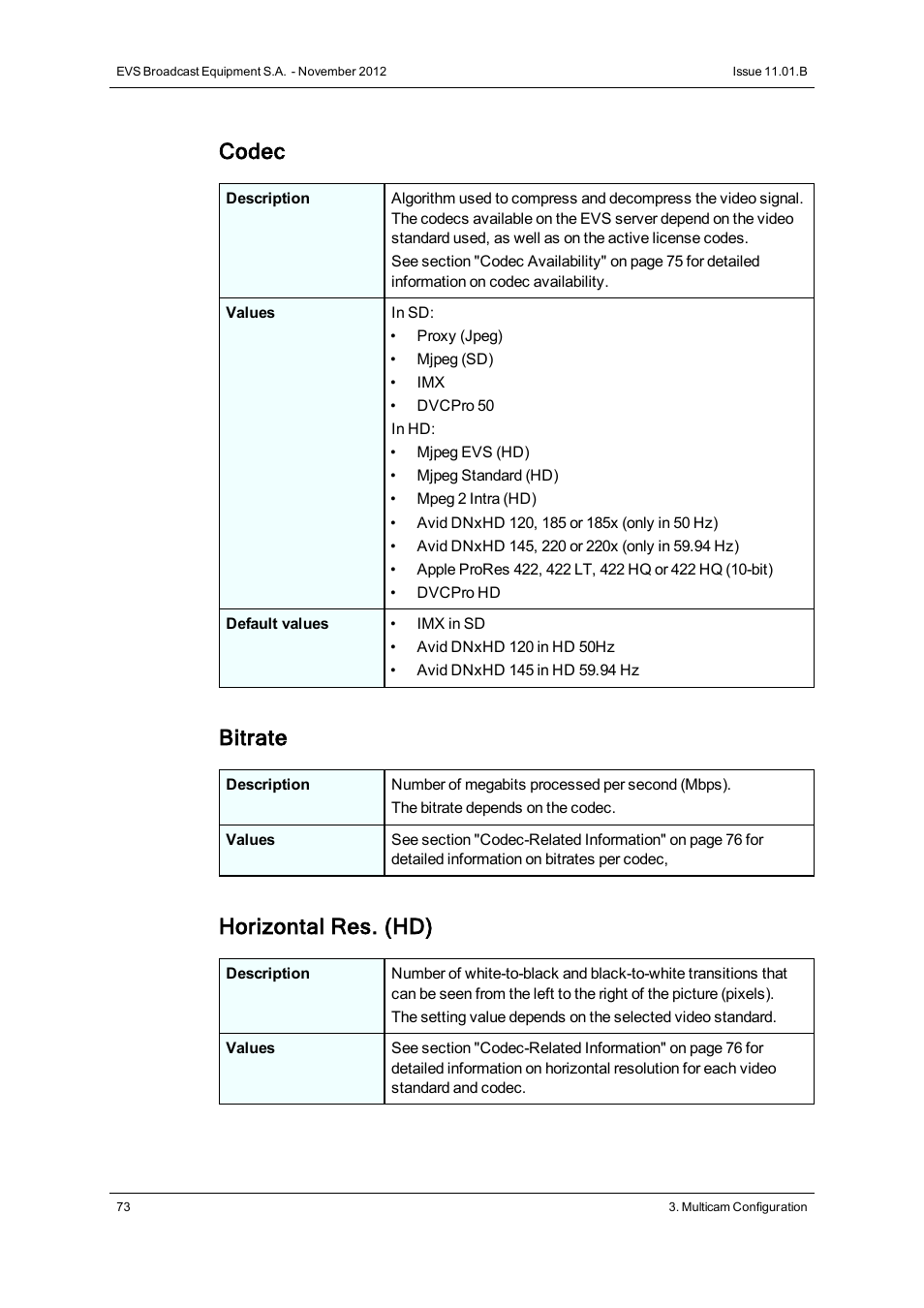 Codec, Bitrate, Horizontal res. (hd) | EVS XT2 Version 11.01 - November 2012 Configuration Manual User Manual | Page 83 / 226