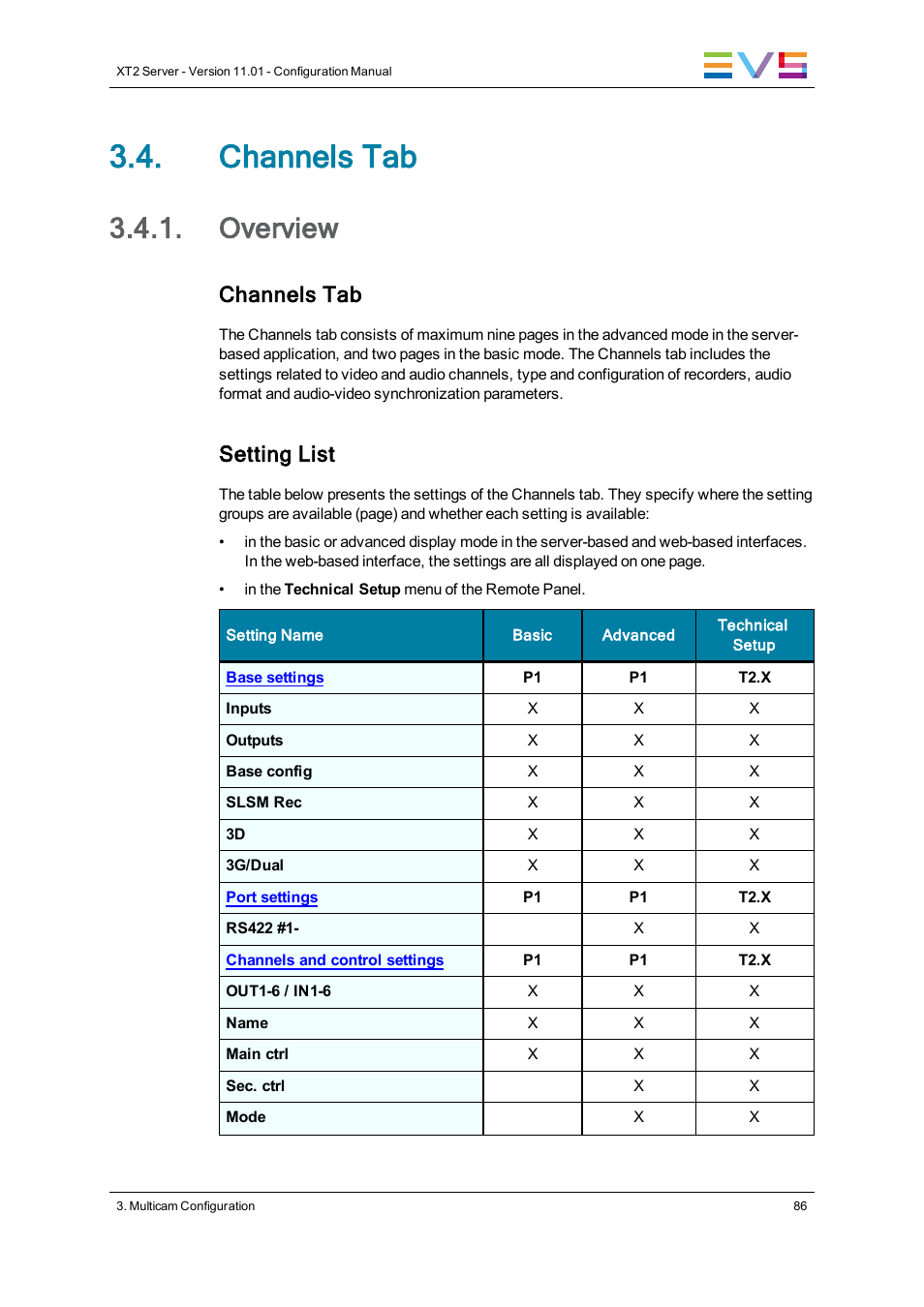 Channels tab, Overview, Channels settings | Setting list | EVS XT2 Version 11.01 - November 2012 Configuration Manual User Manual | Page 96 / 226