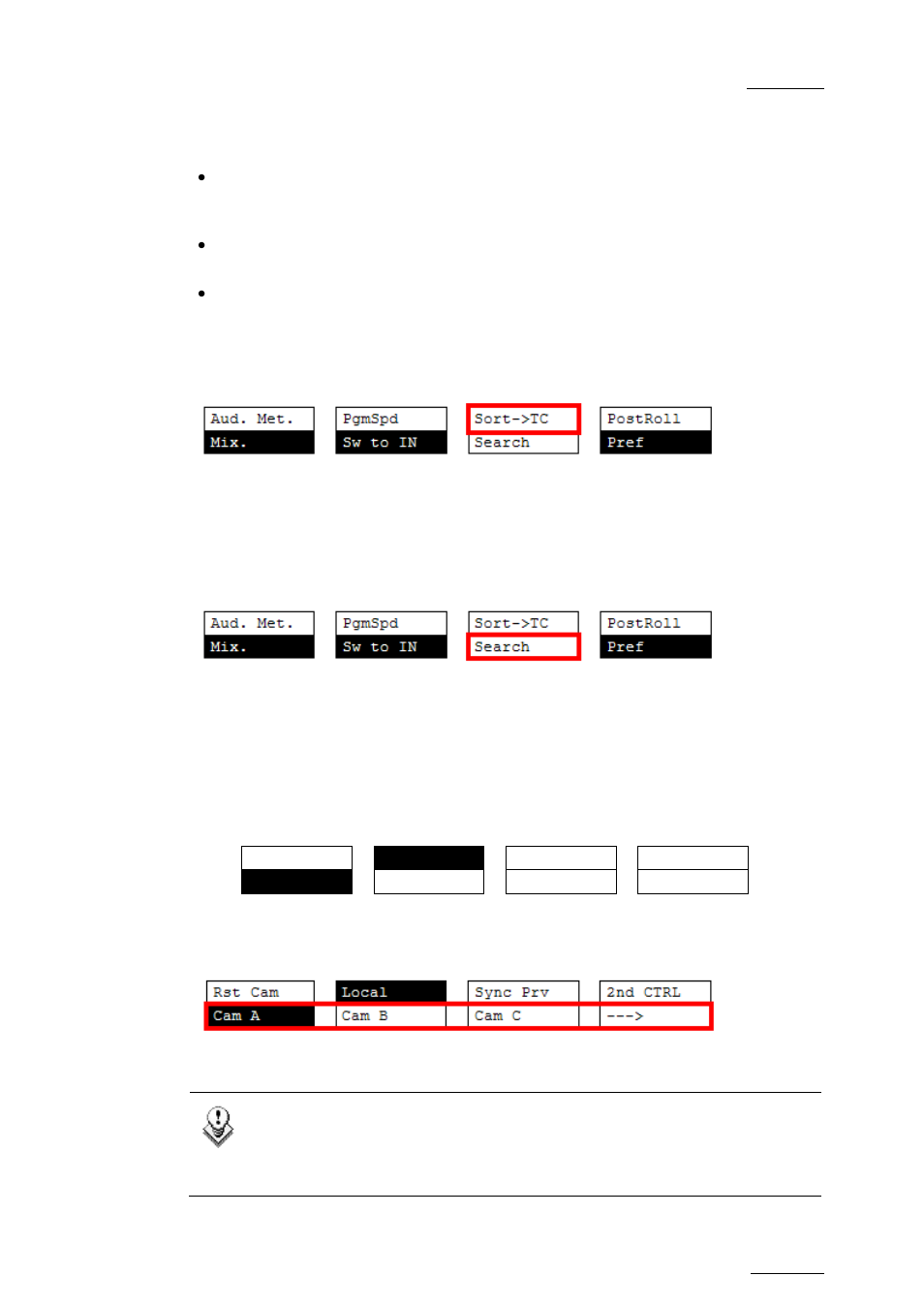 Sort->tc, Search, 2 operational menu | Cam a/ b /c /d, Operational menu, Perational | EVS MulticamLSM Version 10.04 - January 2011 Operating Manual User Manual | Page 39 / 201