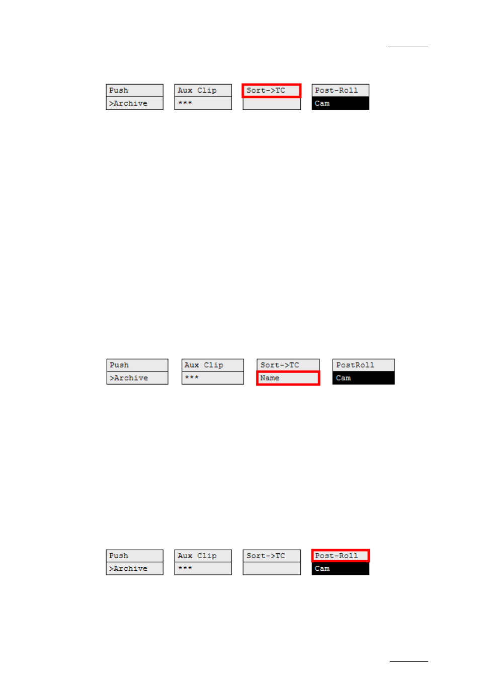 Sort->tc, Set tc, Name | Search, Post-roll, On ‘sort->tc, E 49 | EVS MulticamLSM Version 10.04 - January 2011 Operating Manual User Manual | Page 59 / 201