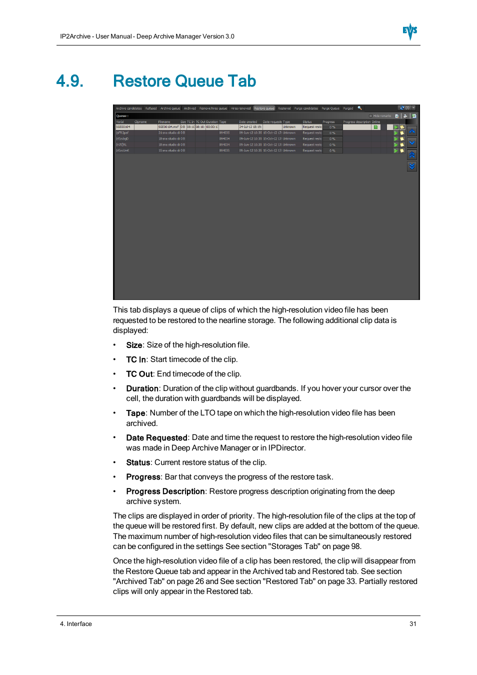 Restore queue tab | EVS IP2Archive Deep Archive Manager Version 3.0 - October 2012 User Manual User Manual | Page 38 / 111
