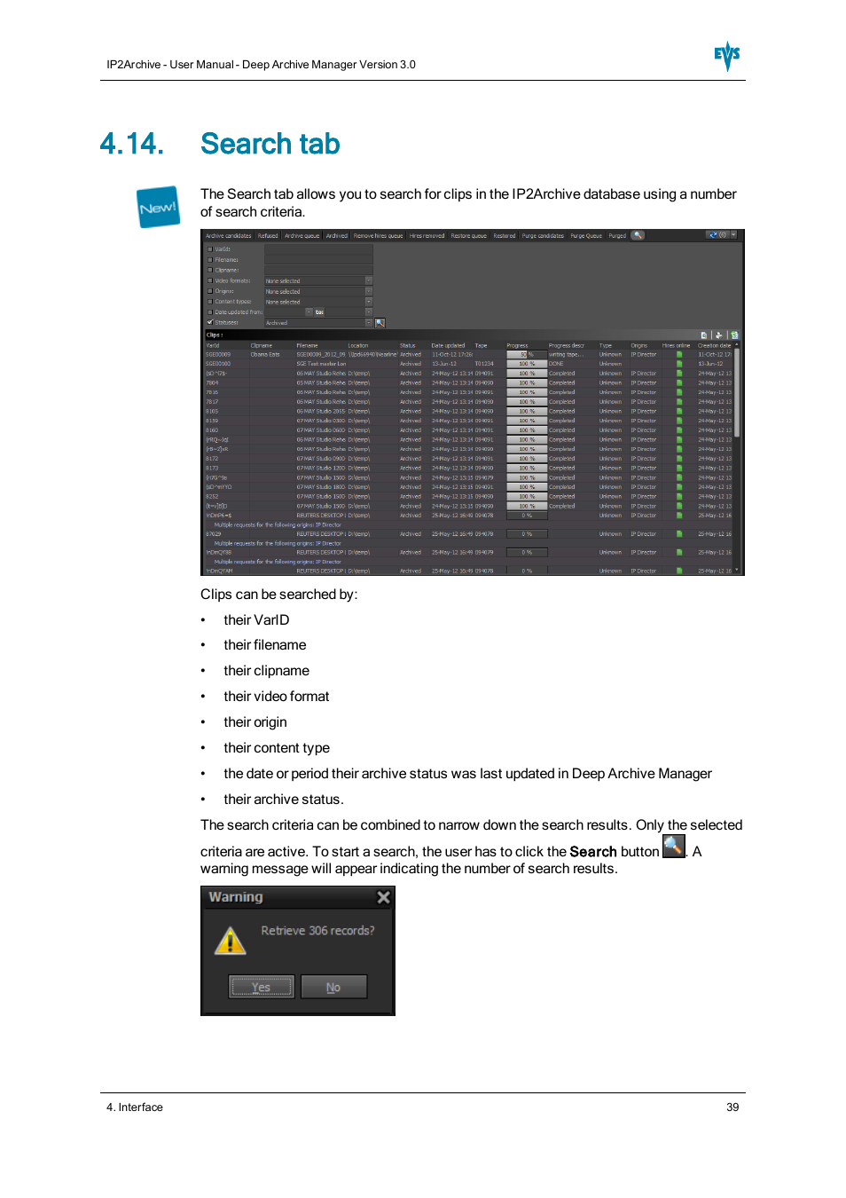 Search tab | EVS IP2Archive Deep Archive Manager Version 3.0 - October 2012 User Manual User Manual | Page 46 / 111