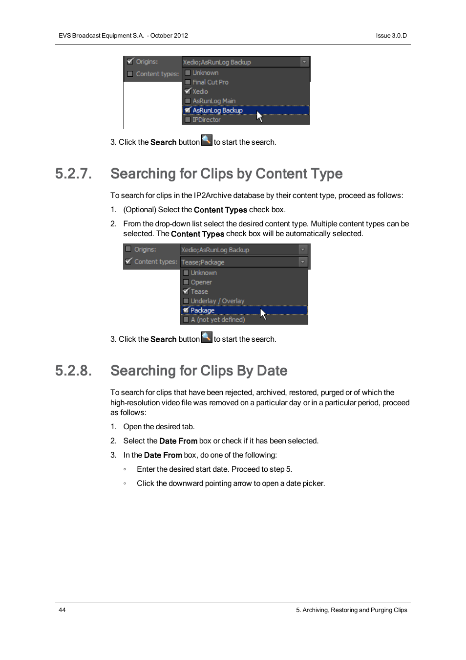 Searching for clips by content type, Searching for clips by date | EVS IP2Archive Deep Archive Manager Version 3.0 - October 2012 User Manual User Manual | Page 51 / 111