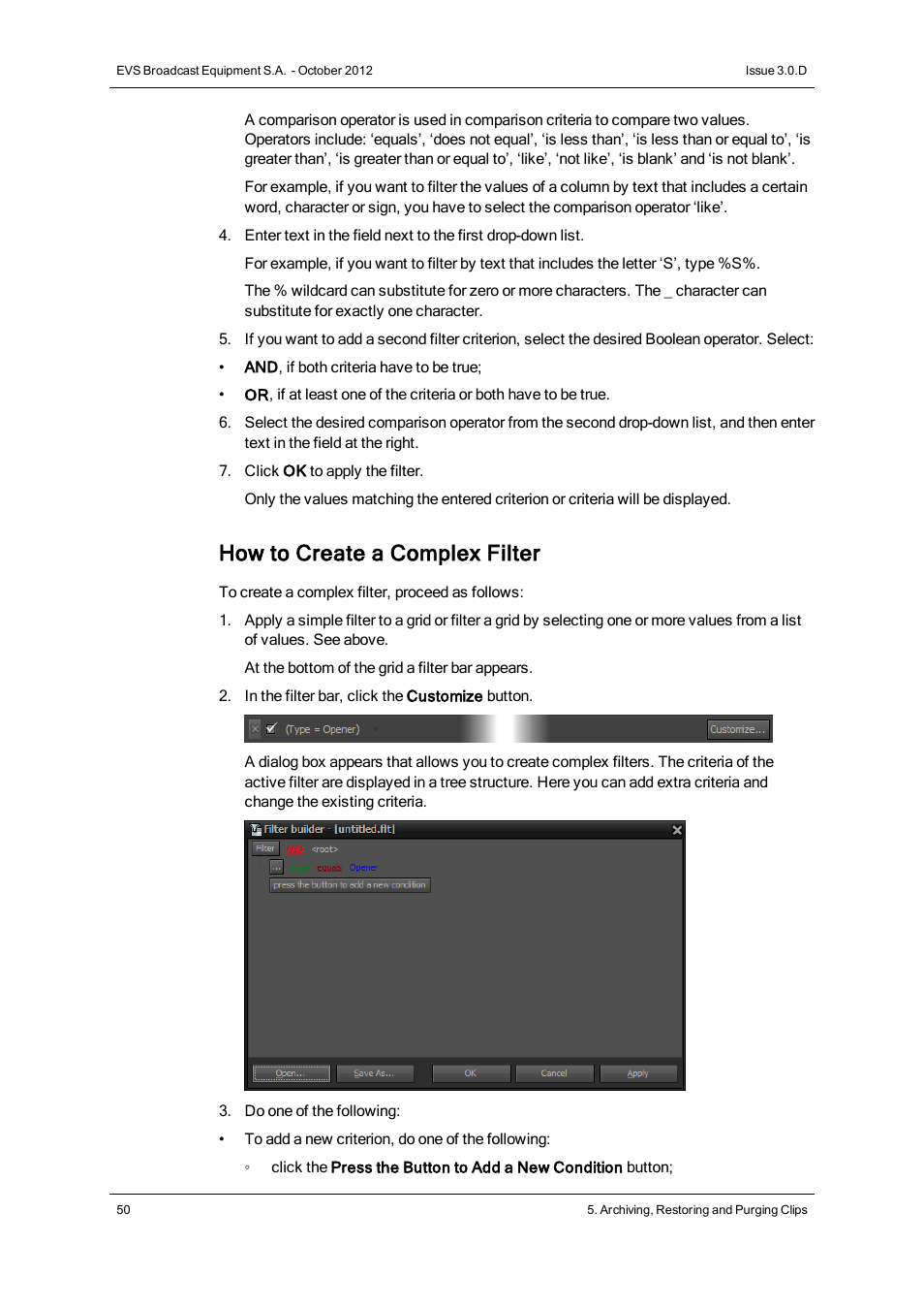 How to create a complex filter | EVS IP2Archive Deep Archive Manager Version 3.0 - October 2012 User Manual User Manual | Page 57 / 111