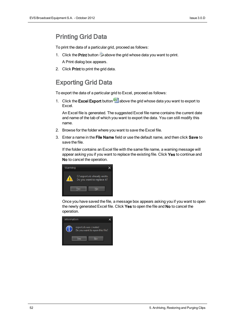 Printing grid data, Exporting grid data | EVS IP2Archive Deep Archive Manager Version 3.0 - October 2012 User Manual User Manual | Page 59 / 111