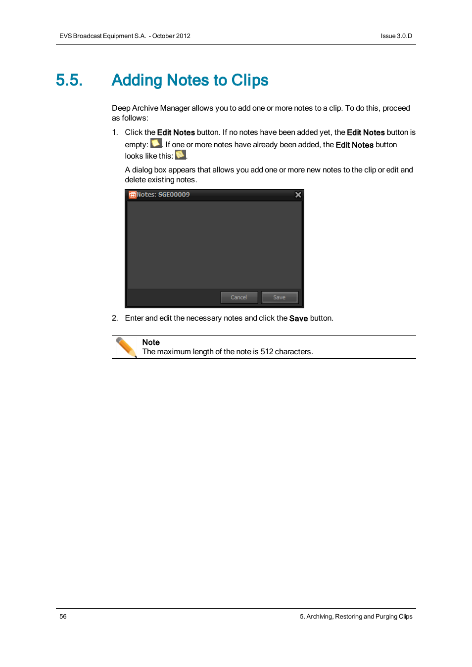 Adding notes to clips | EVS IP2Archive Deep Archive Manager Version 3.0 - October 2012 User Manual User Manual | Page 63 / 111
