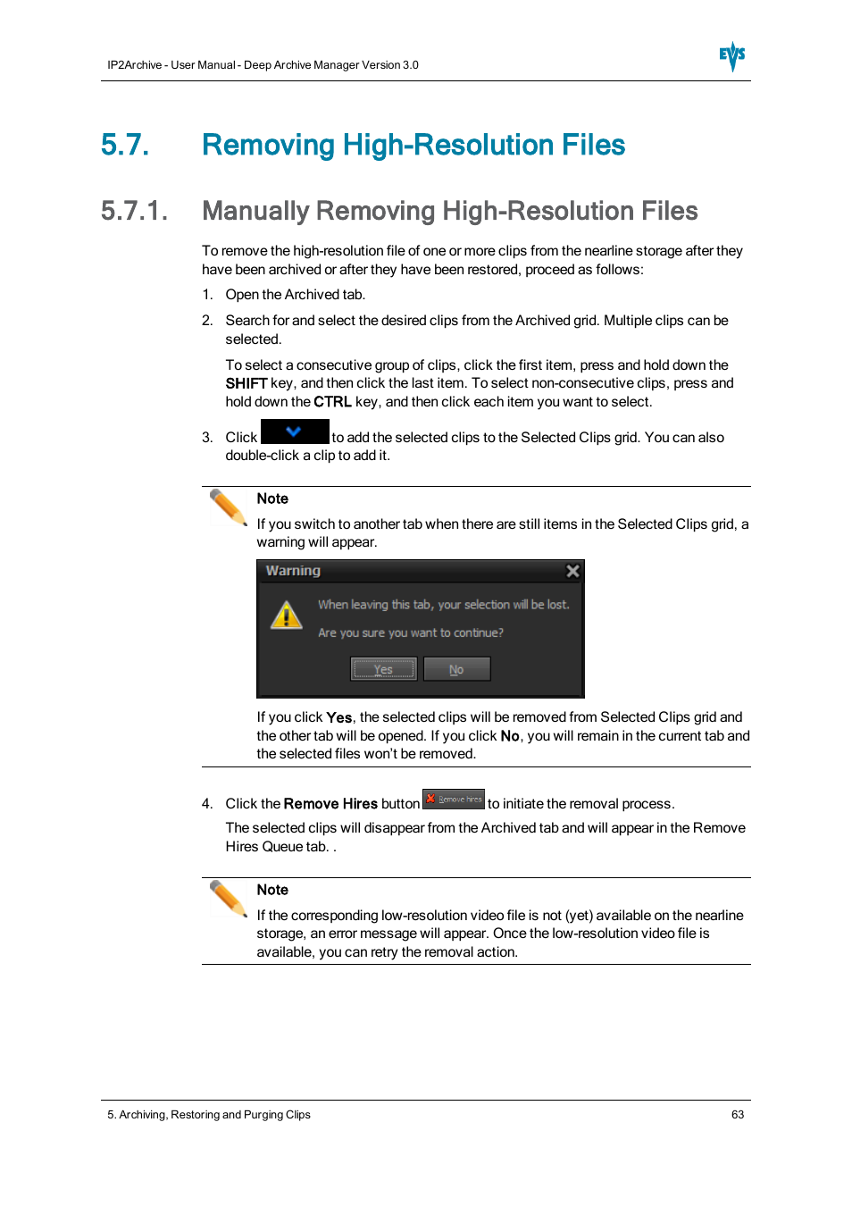 Removing high-resolution files, Manually removing high-resolution files | EVS IP2Archive Deep Archive Manager Version 3.0 - October 2012 User Manual User Manual | Page 70 / 111