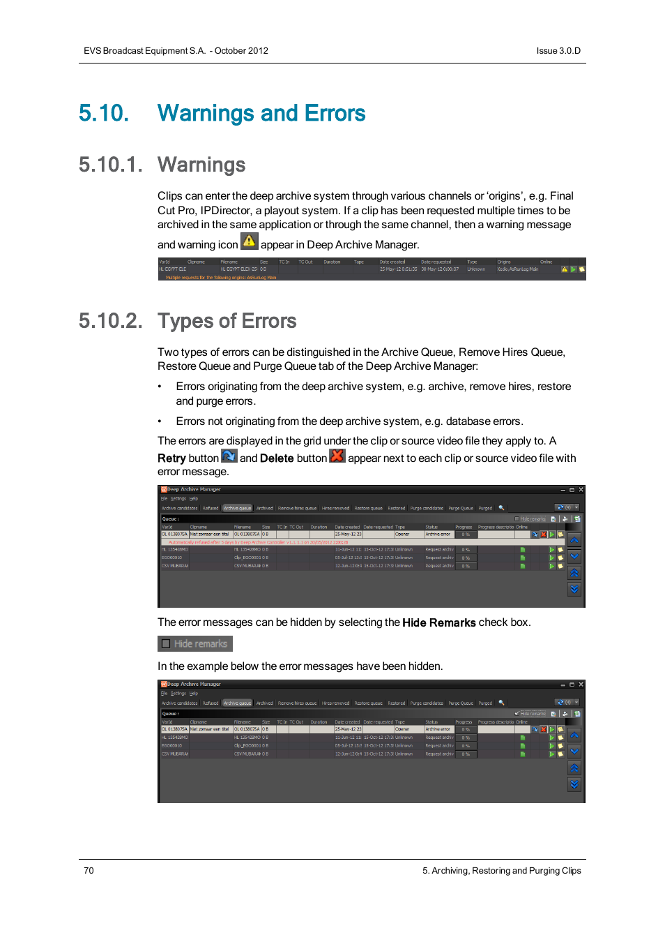 Warnings and errors, Warnings, Types of errors | EVS IP2Archive Deep Archive Manager Version 3.0 - October 2012 User Manual User Manual | Page 77 / 111