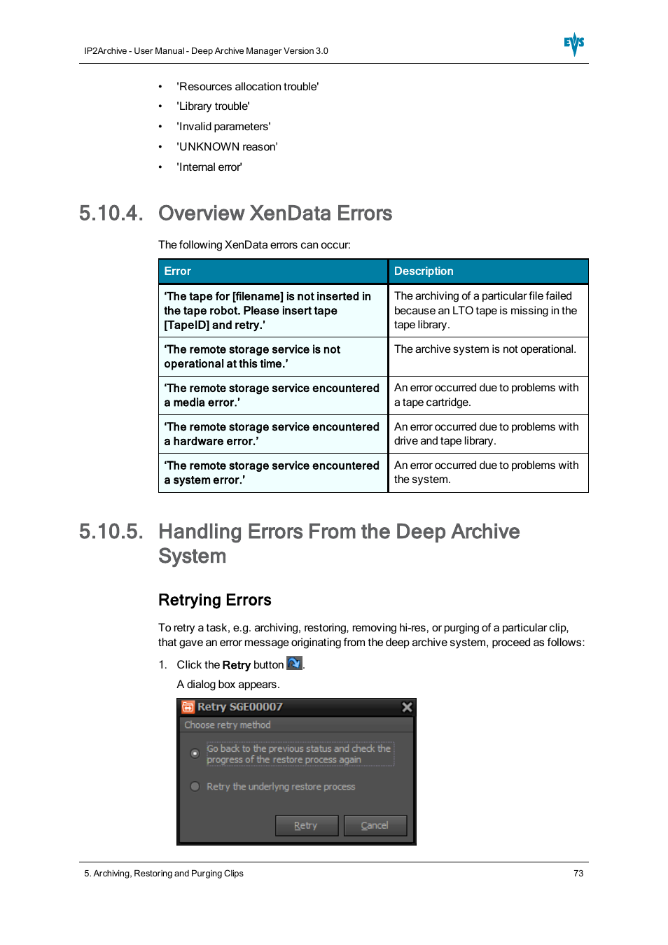 Overview xendata errors, Handling errors from the deep archive system, Retrying errors | EVS IP2Archive Deep Archive Manager Version 3.0 - October 2012 User Manual User Manual | Page 80 / 111