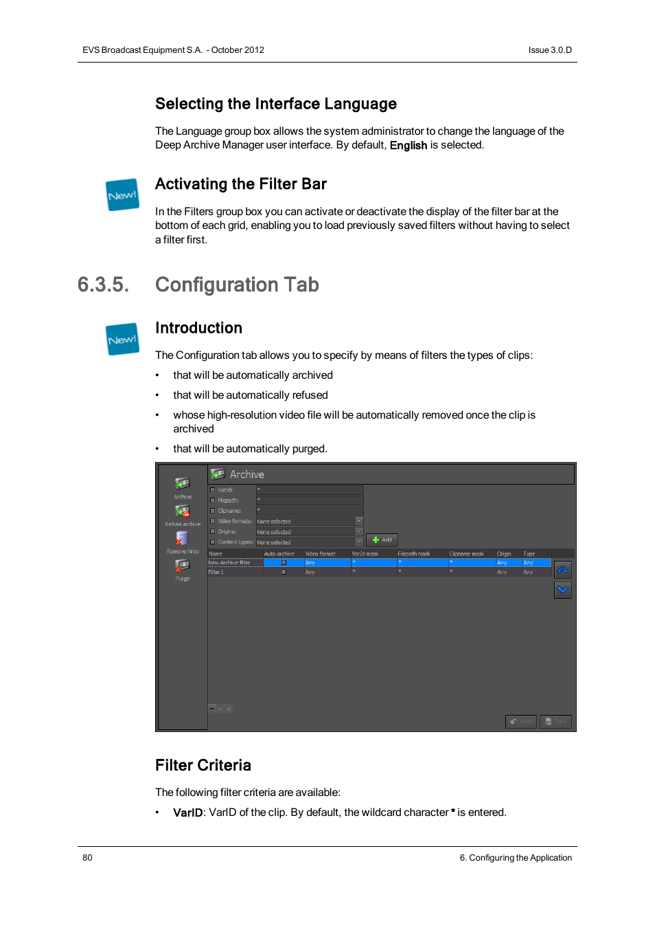 Configuration tab, Selecting the interface language, Activating the filter bar | Introduction, Filter criteria | EVS IP2Archive Deep Archive Manager Version 3.0 - October 2012 User Manual User Manual | Page 87 / 111