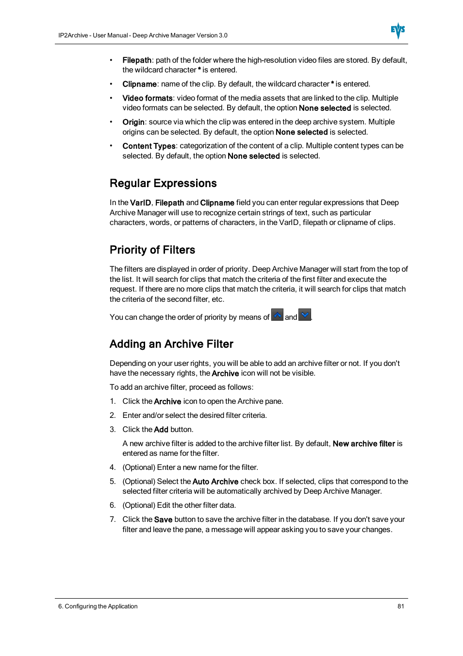 Regular expressions, Priority of filters, Adding an archive filter | EVS IP2Archive Deep Archive Manager Version 3.0 - October 2012 User Manual User Manual | Page 88 / 111
