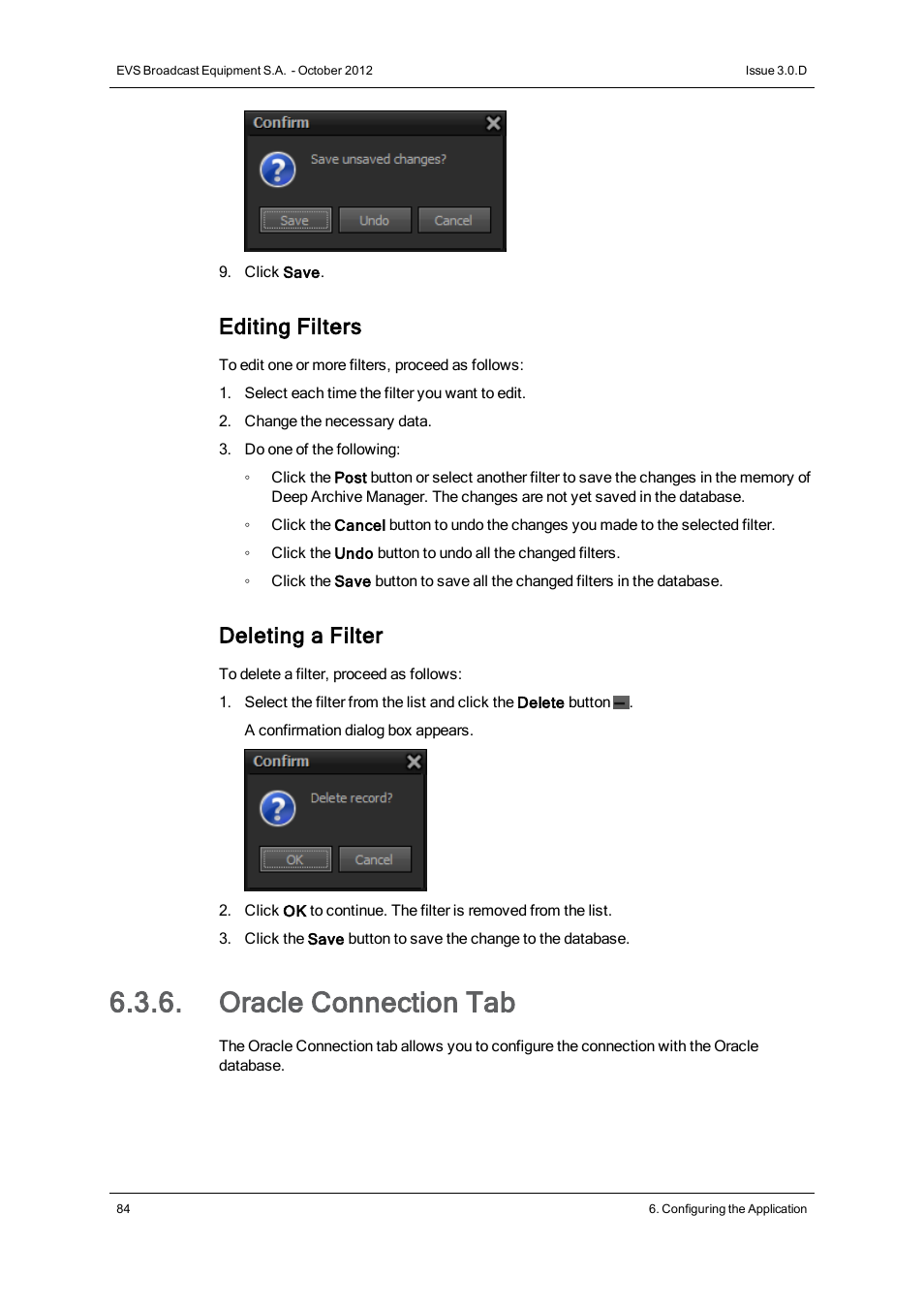 Oracle connection tab, Editing filters, Deleting a filter | EVS IP2Archive Deep Archive Manager Version 3.0 - October 2012 User Manual User Manual | Page 91 / 111