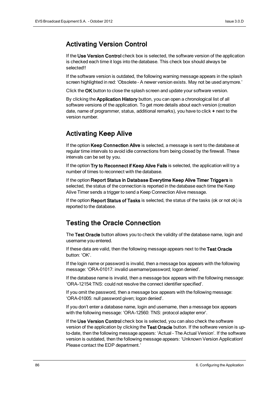 Activating version control, Activating keep alive, Testing the oracle connection | EVS IP2Archive Deep Archive Manager Version 3.0 - October 2012 User Manual User Manual | Page 93 / 111