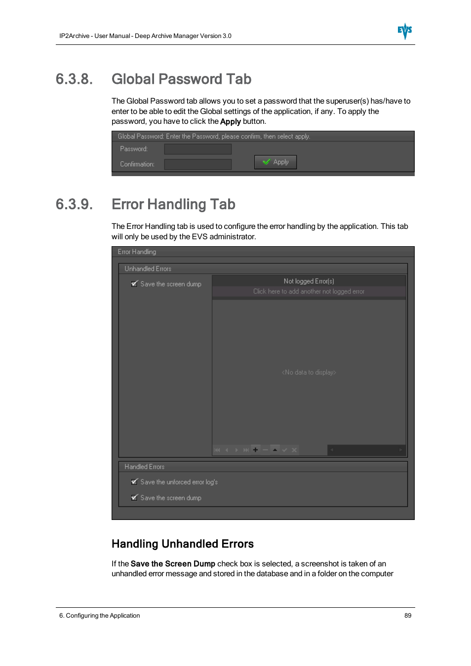 Global password tab, Error handling tab | EVS IP2Archive Deep Archive Manager Version 3.0 - October 2012 User Manual User Manual | Page 96 / 111