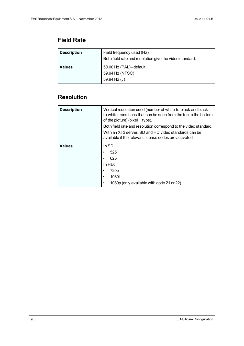 Field rate, Resolution | EVS XT3 Version 11.01 - November 2012 Configuration Manual User Manual | Page 103 / 254