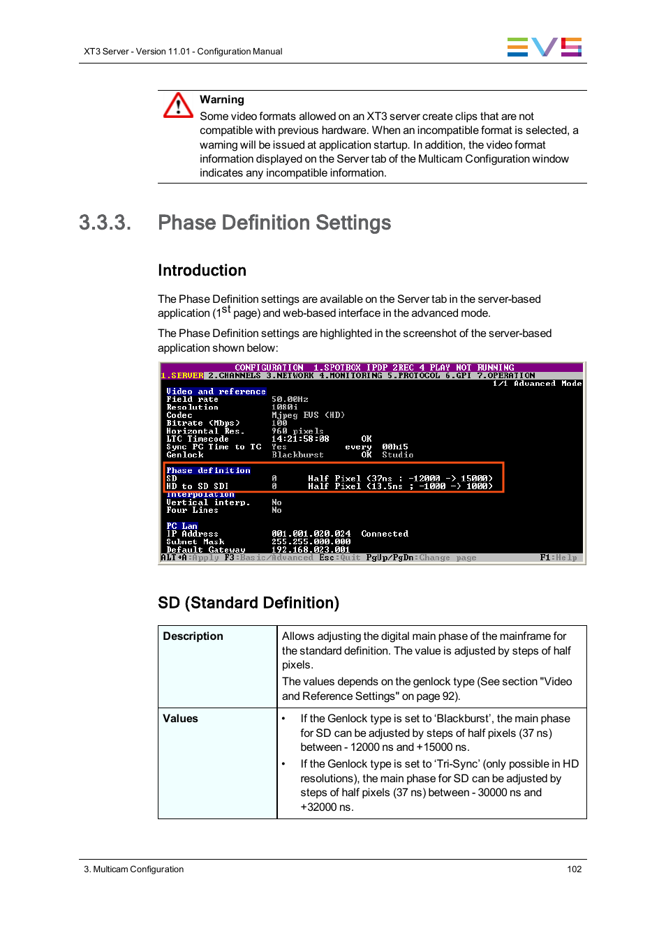 Phase definition settings, Introduction, Sd (standard definition) | EVS XT3 Version 11.01 - November 2012 Configuration Manual User Manual | Page 112 / 254