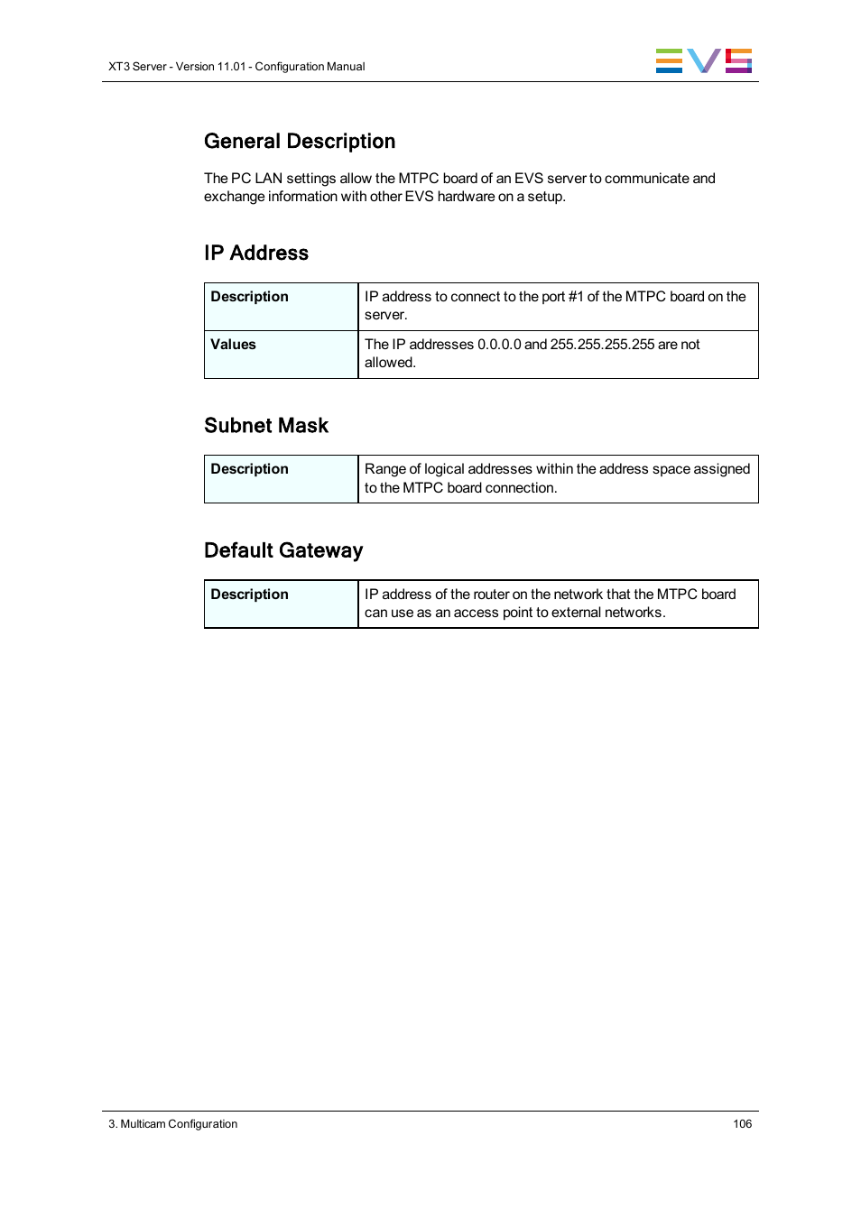General description, Ip address, Subnet mask | Default gateway | EVS XT3 Version 11.01 - November 2012 Configuration Manual User Manual | Page 116 / 254
