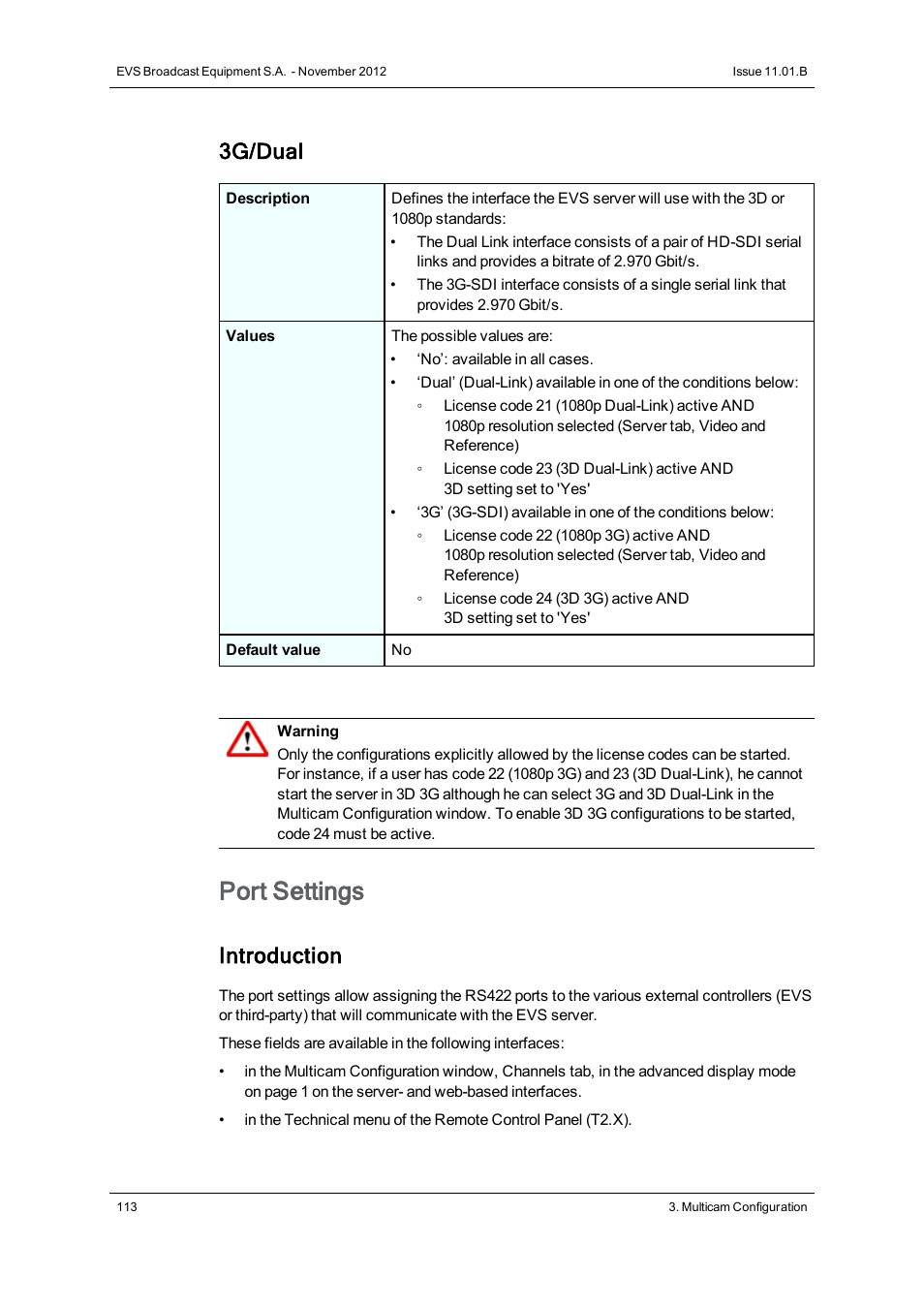 Port settings, 3g/dual, Introduction | EVS XT3 Version 11.01 - November 2012 Configuration Manual User Manual | Page 123 / 254