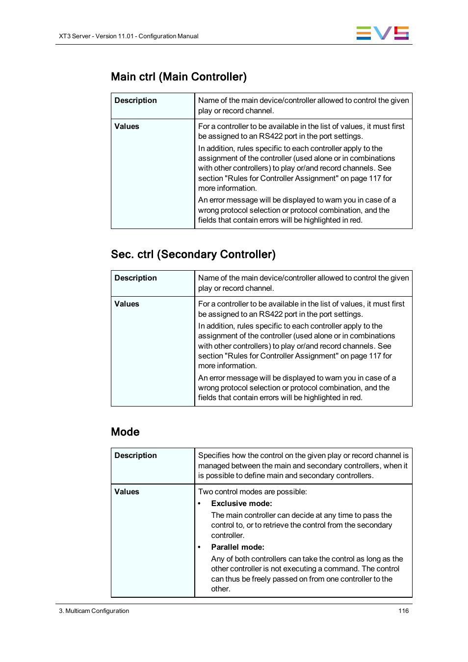 Main ctrl (main controller), Sec. ctrl (secondary controller), Mode | EVS XT3 Version 11.01 - November 2012 Configuration Manual User Manual | Page 126 / 254