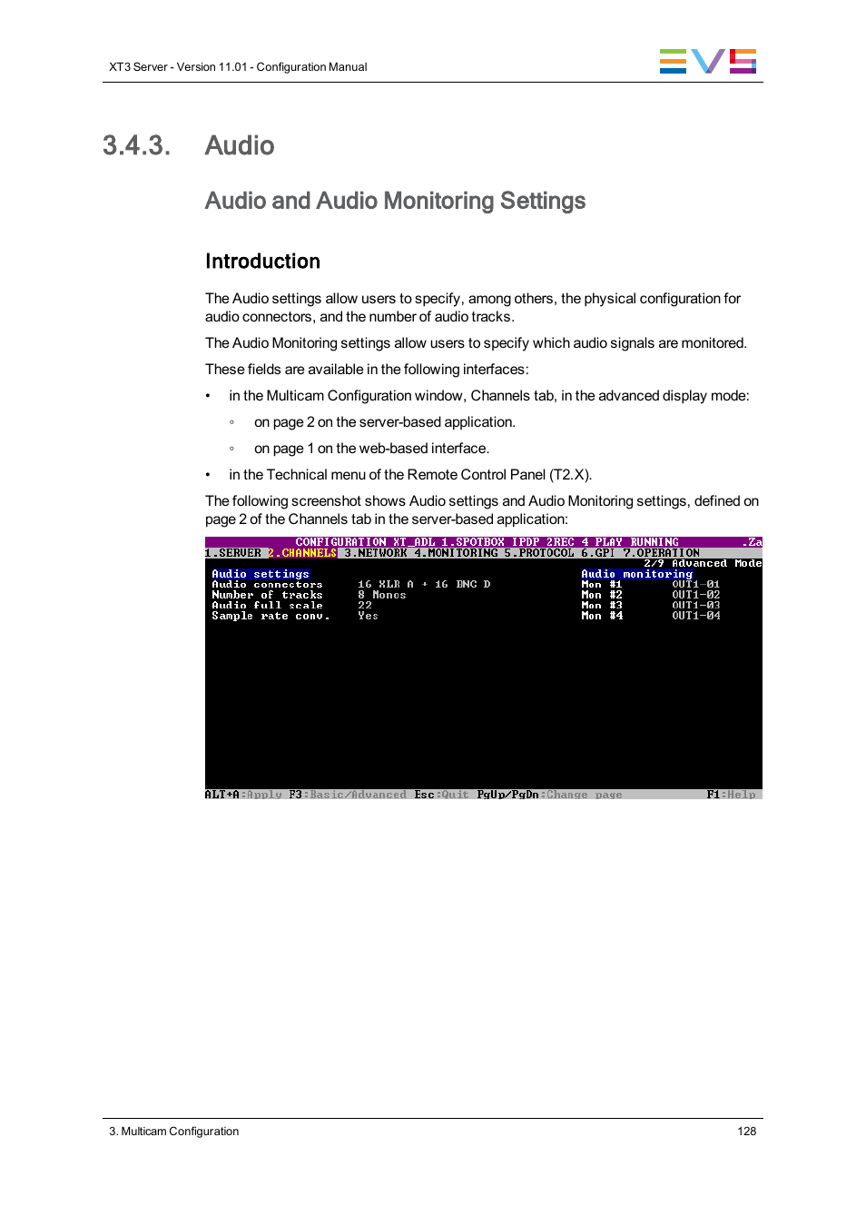 Audio, Audio settings, Audio and audio monitoring settings | Introduction | EVS XT3 Version 11.01 - November 2012 Configuration Manual User Manual | Page 138 / 254