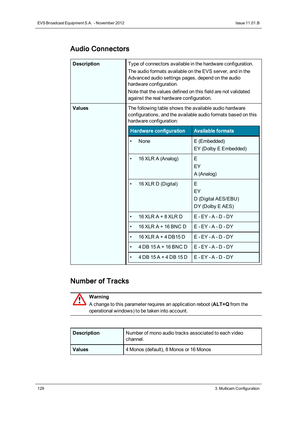 Audio connectors, Number of tracks | EVS XT3 Version 11.01 - November 2012 Configuration Manual User Manual | Page 139 / 254