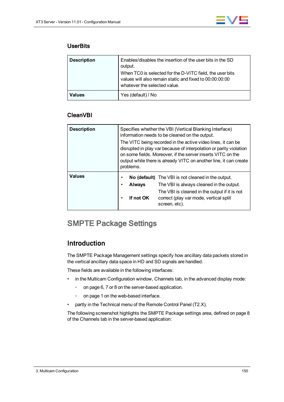 Smpte 334m packets management settings, Smpte package settings, Introduction | EVS XT3 Version 11.01 - November 2012 Configuration Manual User Manual | Page 160 / 254
