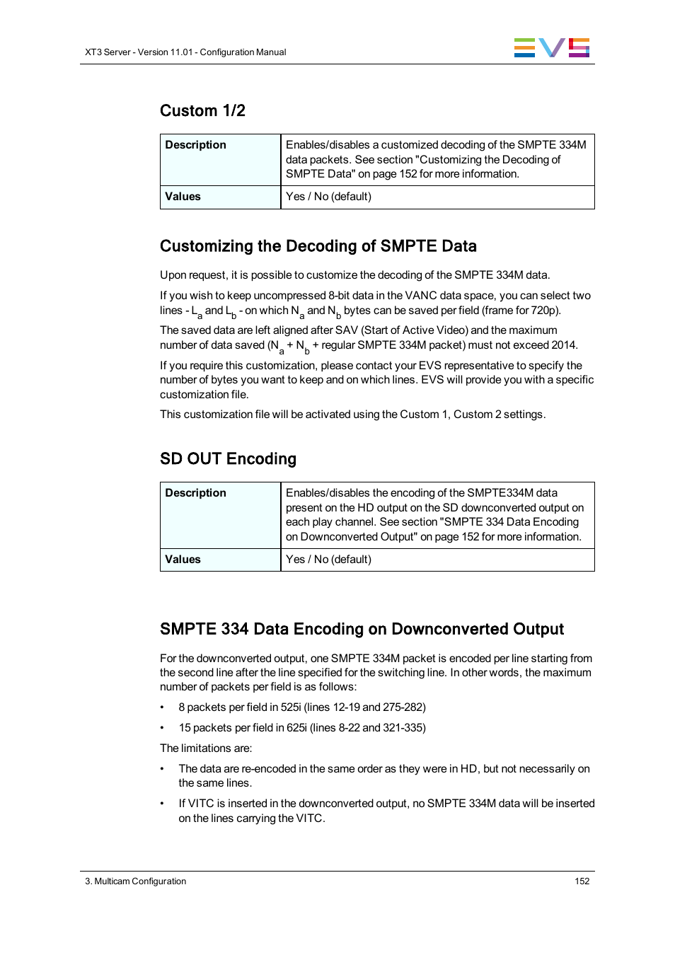 Custom 1/2, Customizing the decoding of smpte data, Sd out encoding | Smpte 334 data encoding on downconverted output | EVS XT3 Version 11.01 - November 2012 Configuration Manual User Manual | Page 162 / 254