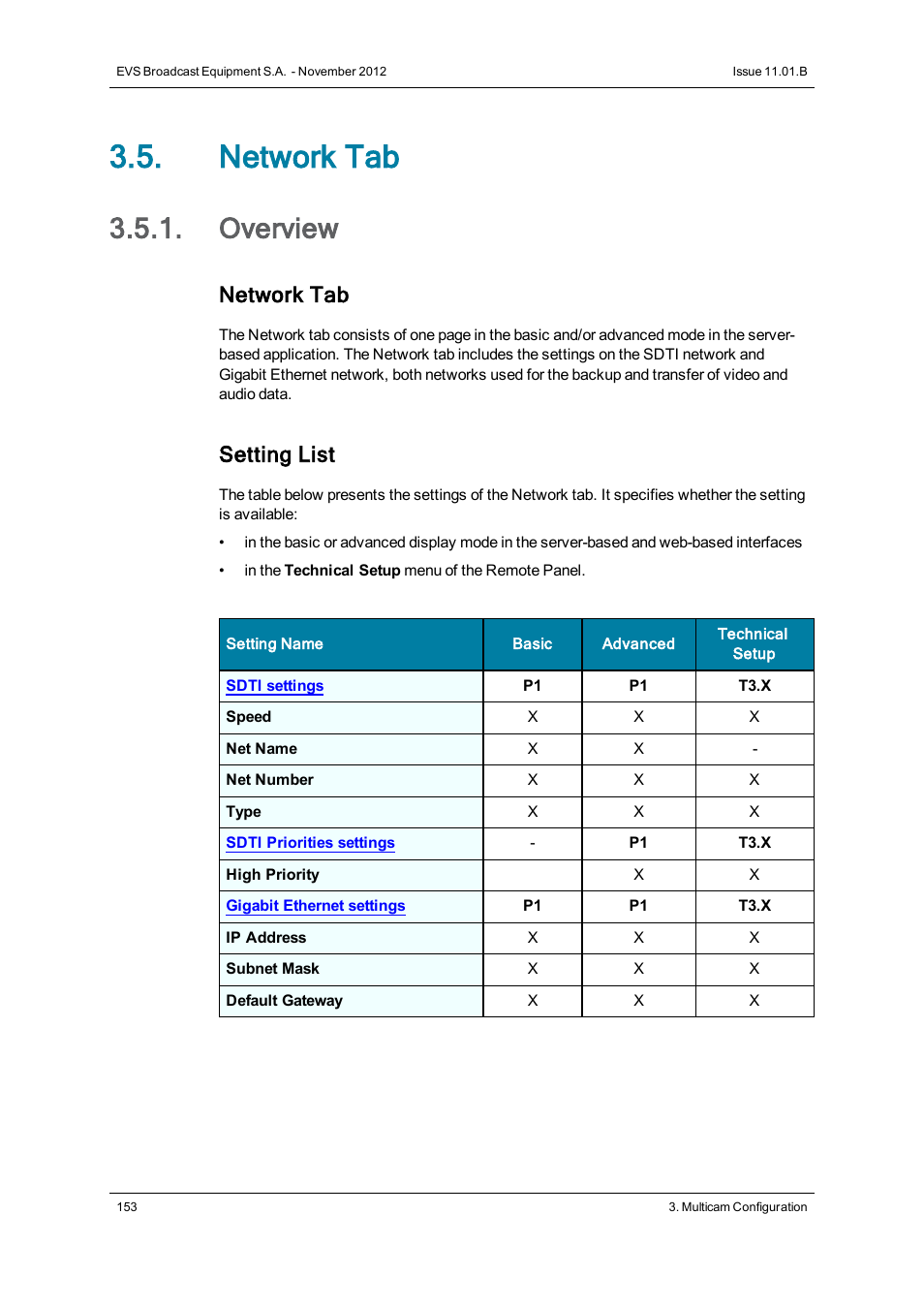 Network tab, Overview, Network settings | Setting list | EVS XT3 Version 11.01 - November 2012 Configuration Manual User Manual | Page 163 / 254