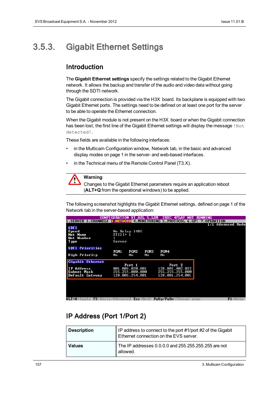 Gigabit ethernet settings, Introduction, Ip address (port 1/port 2) | EVS XT3 Version 11.01 - November 2012 Configuration Manual User Manual | Page 167 / 254