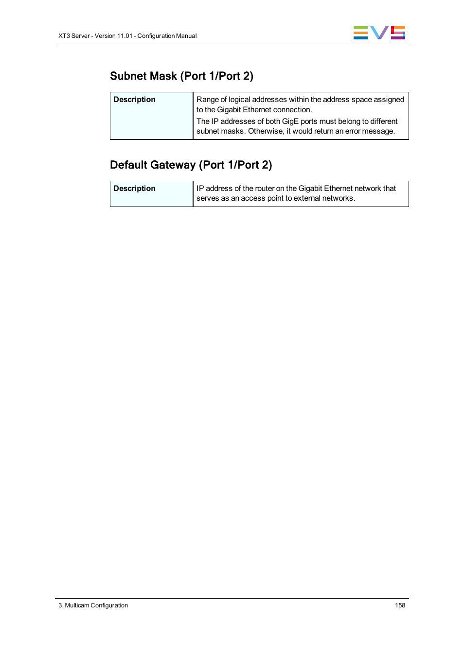 Subnet mask (port 1/port 2), Default gateway (port 1/port 2) | EVS XT3 Version 11.01 - November 2012 Configuration Manual User Manual | Page 168 / 254