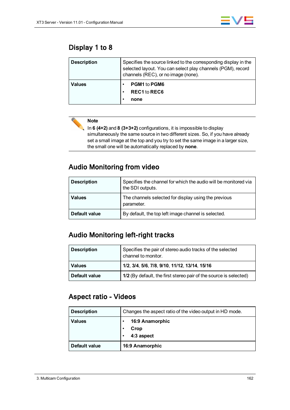 Display 1 to 8, Audio monitoring from video, Audio monitoring left-right tracks | Aspect ratio - videos | EVS XT3 Version 11.01 - November 2012 Configuration Manual User Manual | Page 172 / 254