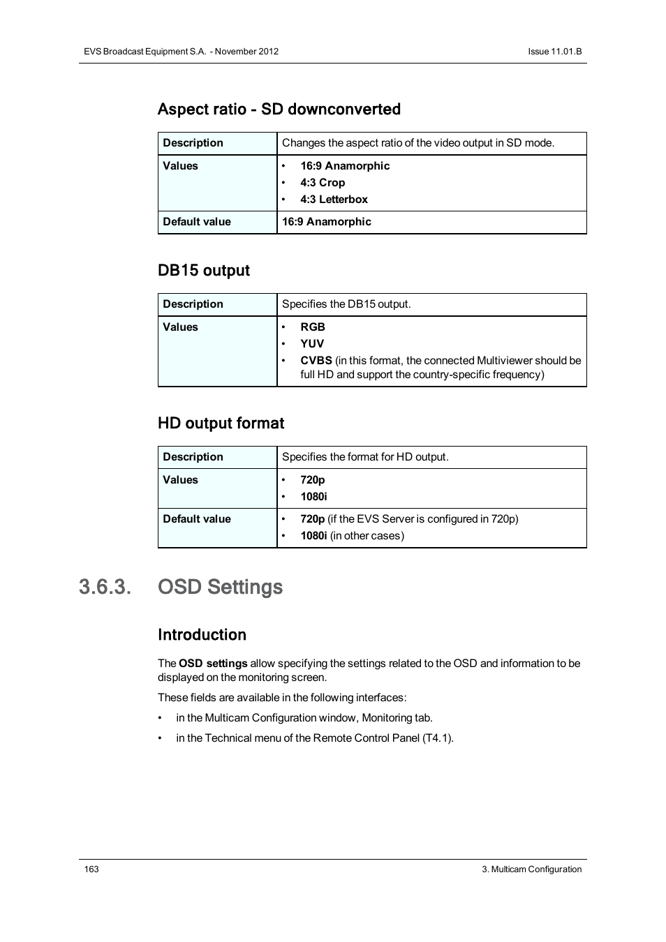 Osd settings, Aspect ratio - sd downconverted, Db15 output | Hd output format, Introduction | EVS XT3 Version 11.01 - November 2012 Configuration Manual User Manual | Page 173 / 254