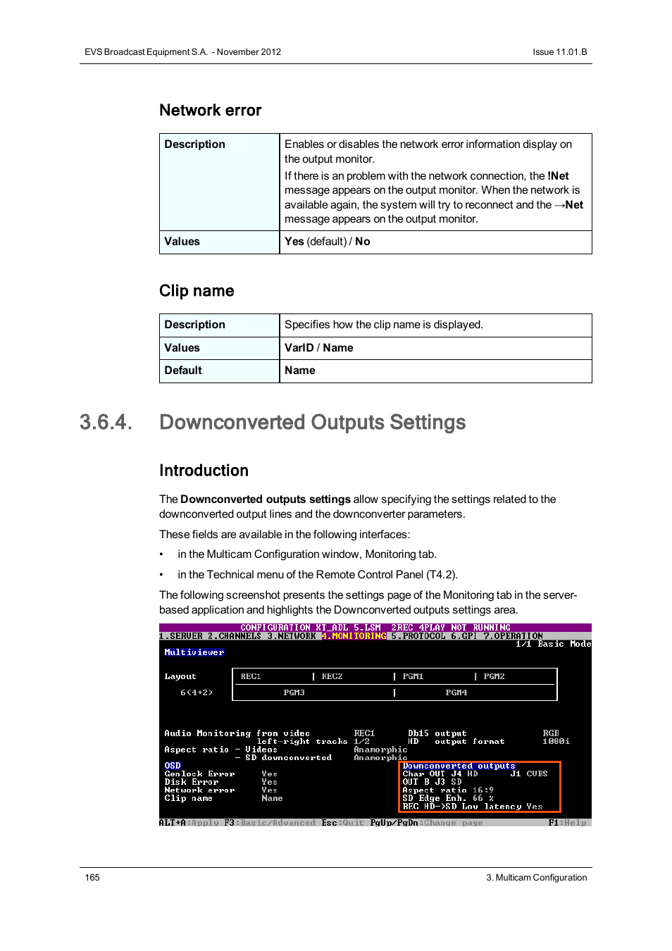 Downconverted outputs settings, Network error, Clip name | Introduction | EVS XT3 Version 11.01 - November 2012 Configuration Manual User Manual | Page 175 / 254
