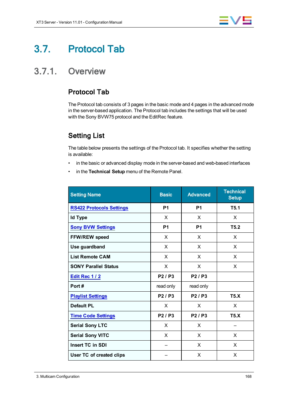 Protocol tab, Overview, Protocol settings | Setting list | EVS XT3 Version 11.01 - November 2012 Configuration Manual User Manual | Page 178 / 254
