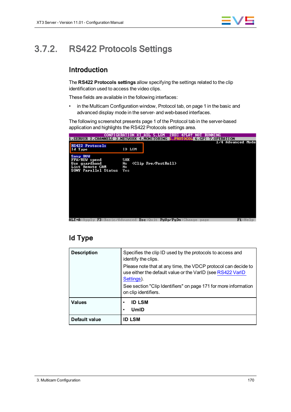 Rs422 protocols settings, Introduction, Id type | EVS XT3 Version 11.01 - November 2012 Configuration Manual User Manual | Page 180 / 254