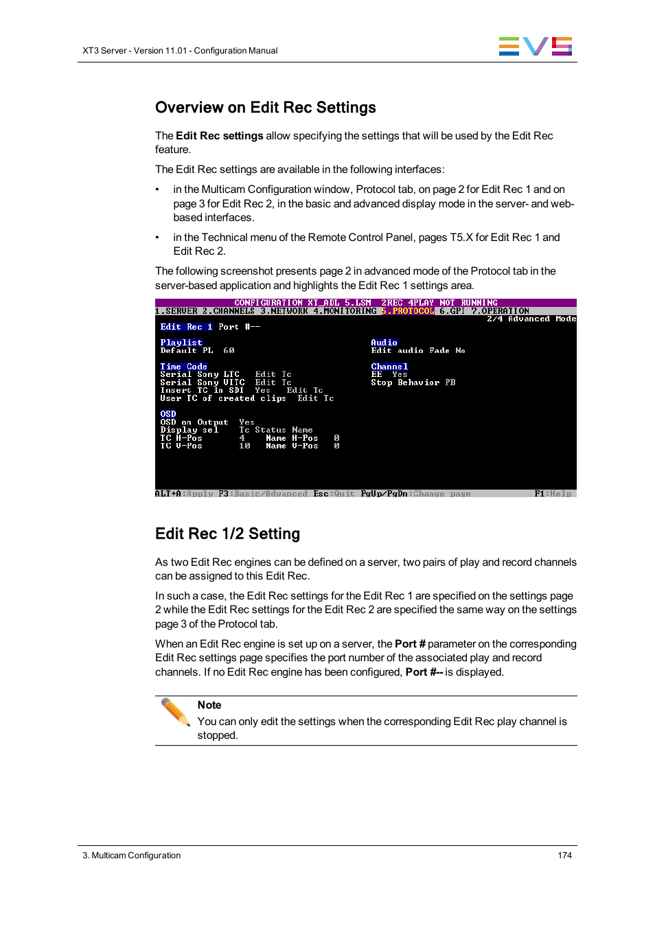 Overview on edit rec settings, Edit rec 1/2 setting | EVS XT3 Version 11.01 - November 2012 Configuration Manual User Manual | Page 184 / 254