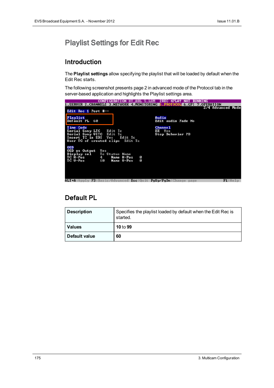 Playlist settings, Playlist settings for edit rec, Introduction | Default pl | EVS XT3 Version 11.01 - November 2012 Configuration Manual User Manual | Page 185 / 254