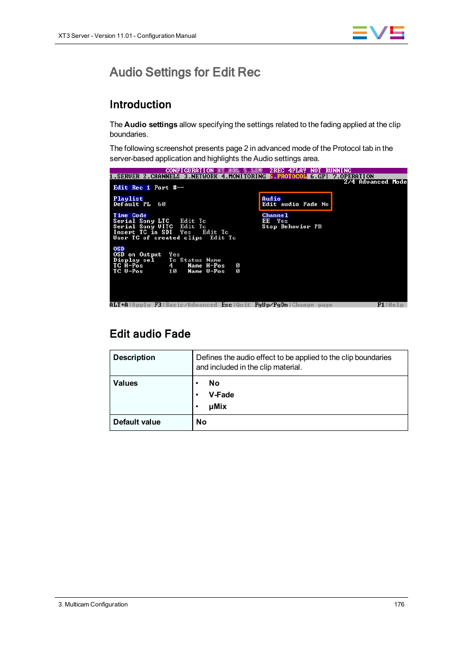 Audio settings, Audio settings for edit rec, Introduction | Edit audio fade | EVS XT3 Version 11.01 - November 2012 Configuration Manual User Manual | Page 186 / 254