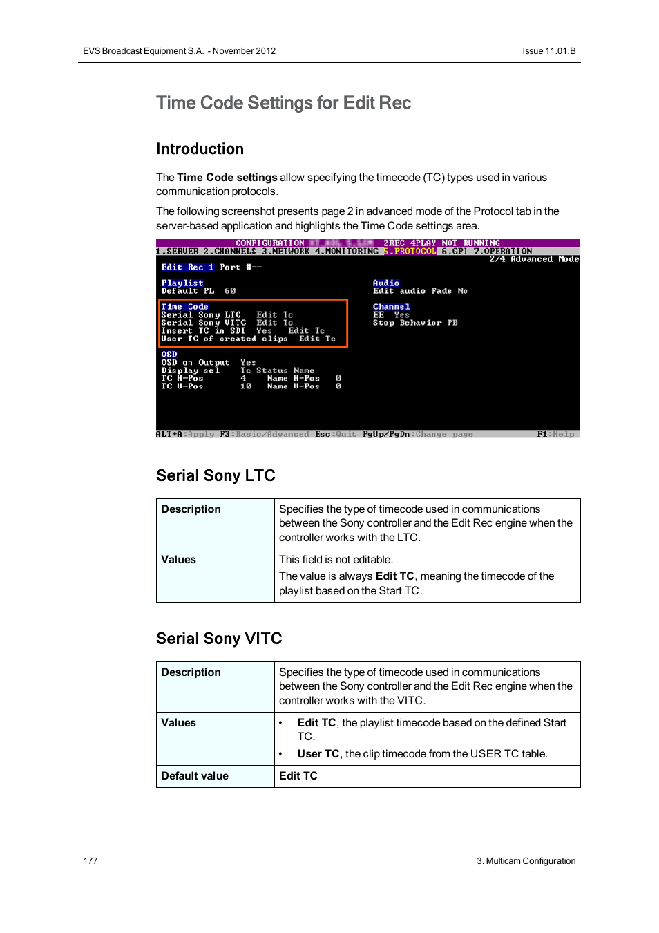 Time code settings, Time code settings for edit rec, Introduction | Serial sony ltc, Serial sony vitc | EVS XT3 Version 11.01 - November 2012 Configuration Manual User Manual | Page 187 / 254