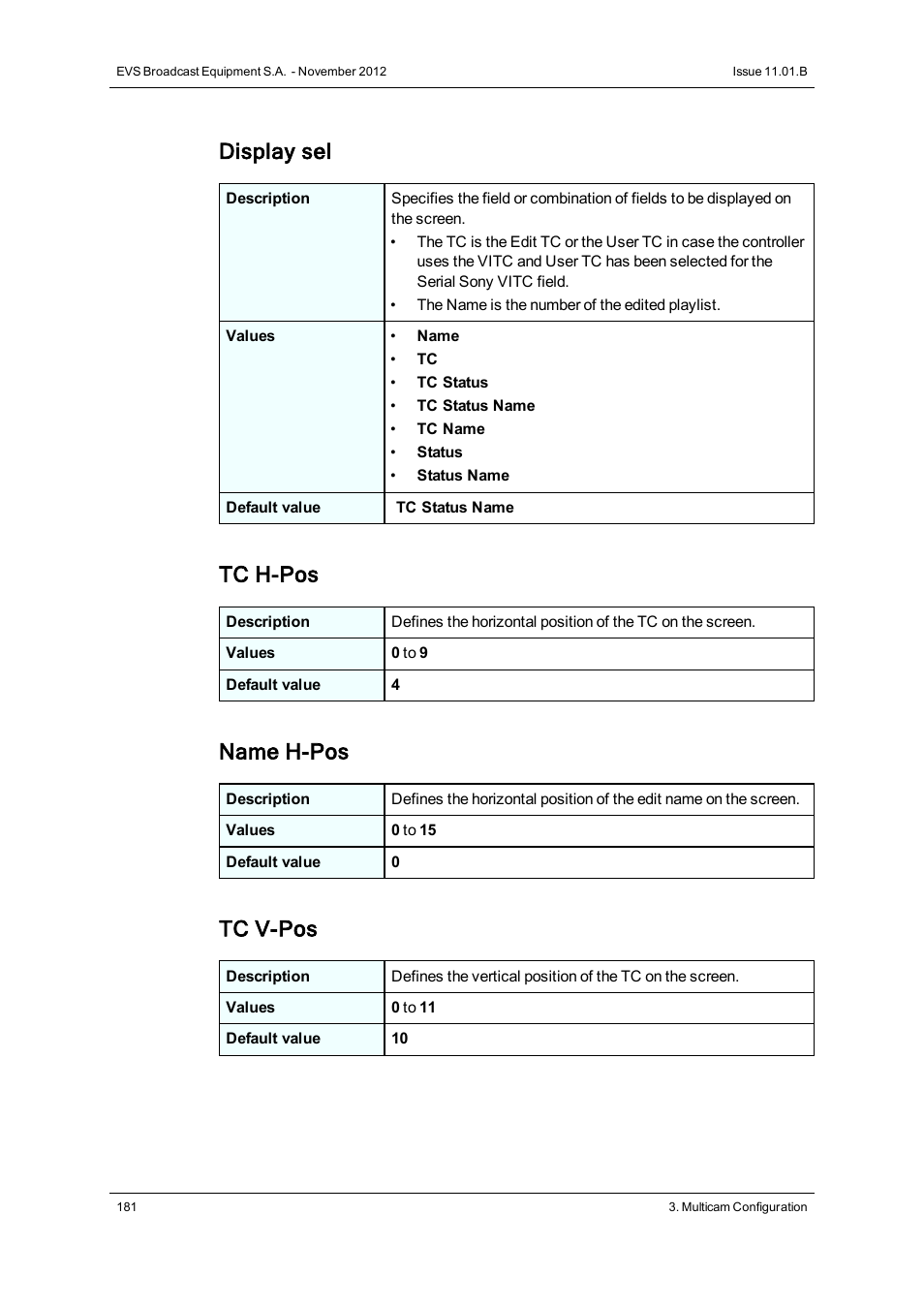 Display sel, Tc h-pos, Name h-pos | Tc v-pos | EVS XT3 Version 11.01 - November 2012 Configuration Manual User Manual | Page 191 / 254