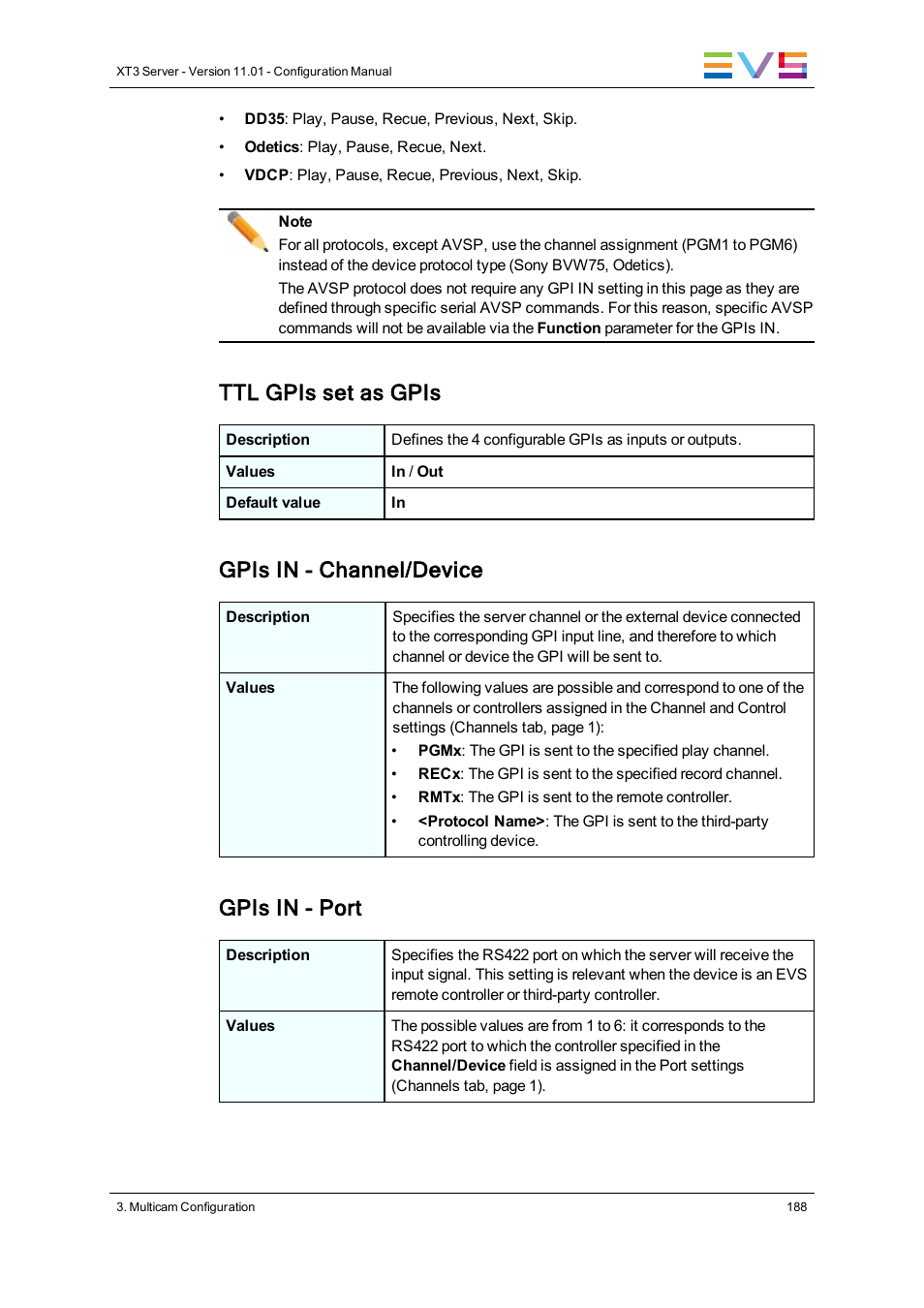 Ttl gpis set as gpis, Gpis in - channel/device, Gpis in - port | EVS XT3 Version 11.01 - November 2012 Configuration Manual User Manual | Page 198 / 254