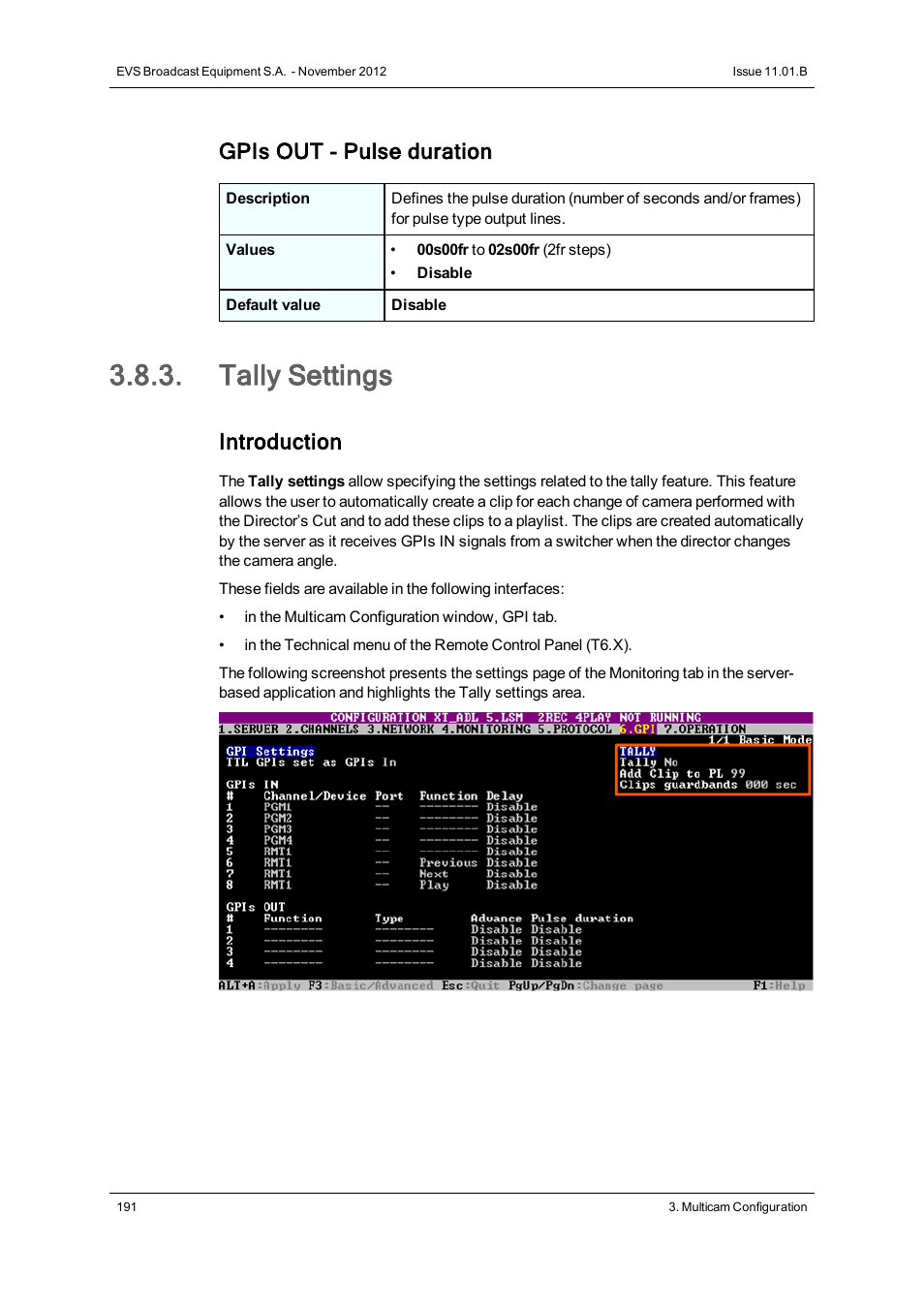 Tally settings, Gpis out - pulse duration, Introduction | EVS XT3 Version 11.01 - November 2012 Configuration Manual User Manual | Page 201 / 254