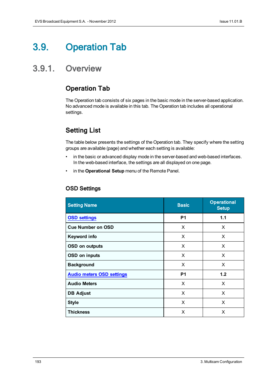 Operation tab, Overview, Operations settings | Setting list | EVS XT3 Version 11.01 - November 2012 Configuration Manual User Manual | Page 203 / 254