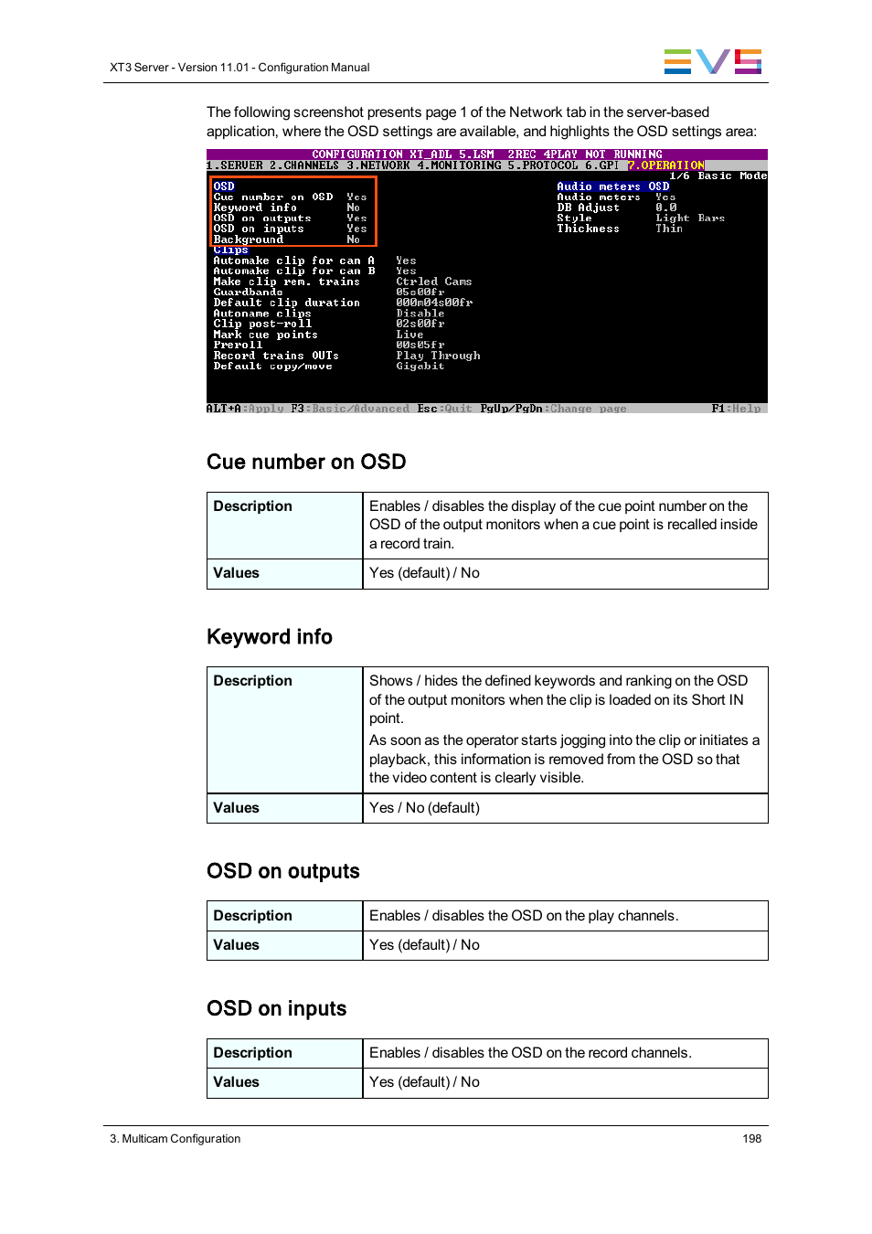 Cue number on osd, Keyword info, Osd on outputs | Osd on inputs | EVS XT3 Version 11.01 - November 2012 Configuration Manual User Manual | Page 208 / 254