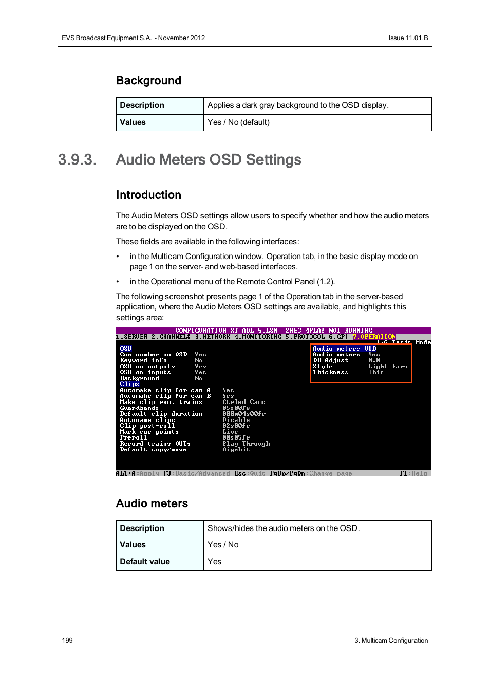 Audio meters osd settings, Background, Introduction | Audio meters | EVS XT3 Version 11.01 - November 2012 Configuration Manual User Manual | Page 209 / 254