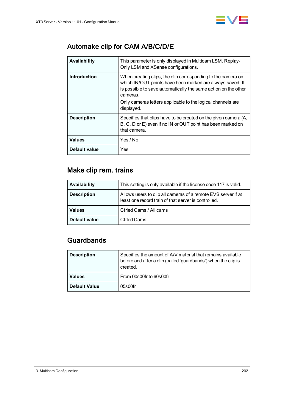 Automake clip for cam a/b/c/d/e, Make clip rem. trains, Guardbands | EVS XT3 Version 11.01 - November 2012 Configuration Manual User Manual | Page 212 / 254