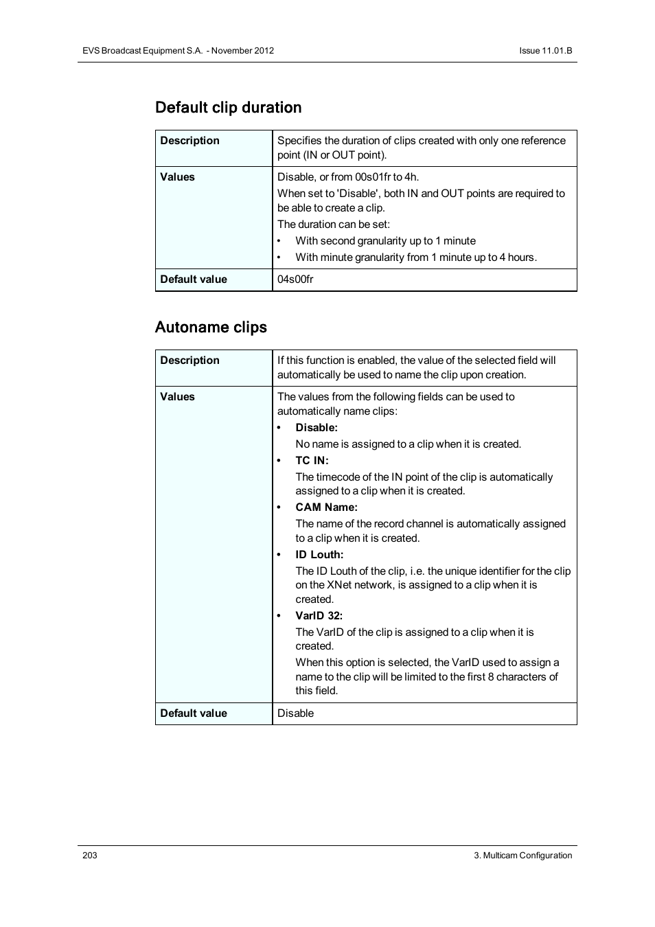 Default clip duration, Autoname clips | EVS XT3 Version 11.01 - November 2012 Configuration Manual User Manual | Page 213 / 254