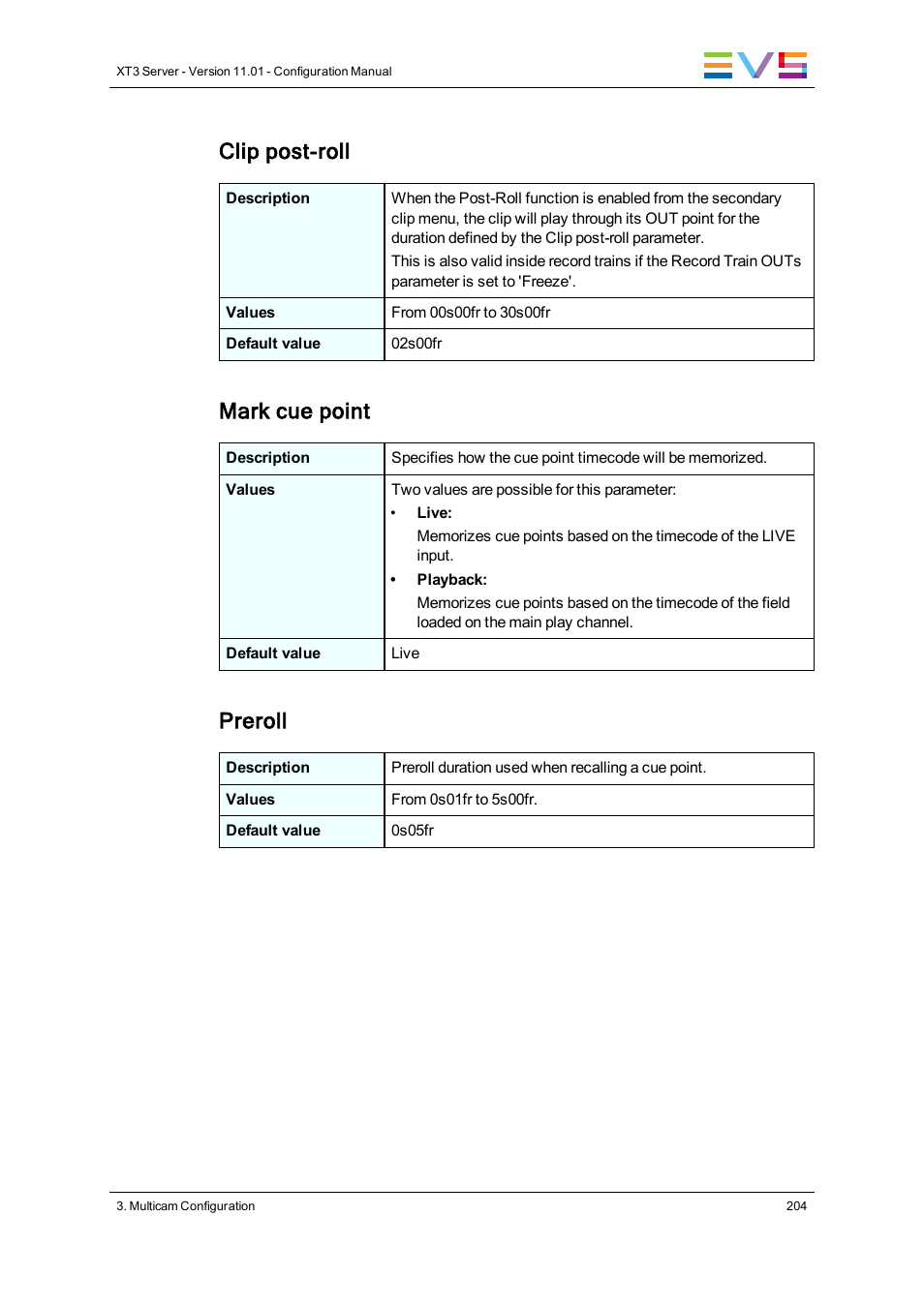 Clip post-roll, Mark cue point, Preroll | EVS XT3 Version 11.01 - November 2012 Configuration Manual User Manual | Page 214 / 254