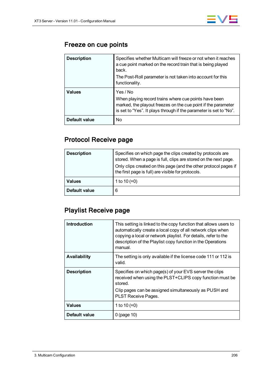 Freeze on cue points, Protocol receive page, Playlist receive page | EVS XT3 Version 11.01 - November 2012 Configuration Manual User Manual | Page 216 / 254